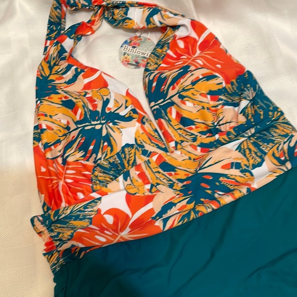 NWT Binlowis Sz L 1 Piece Halter Bathing Suit Teal / Orange / White Design - Picture 5 of 13